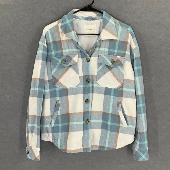 Aeropostale Plaid Flannel Shirt Jacket Shacket Womens Small Button Up Pockets - Picture 1 of 13